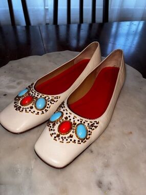 Kate Spade vintage Cream Leather Ballet Flats with Red & Turquoise Accents Italy